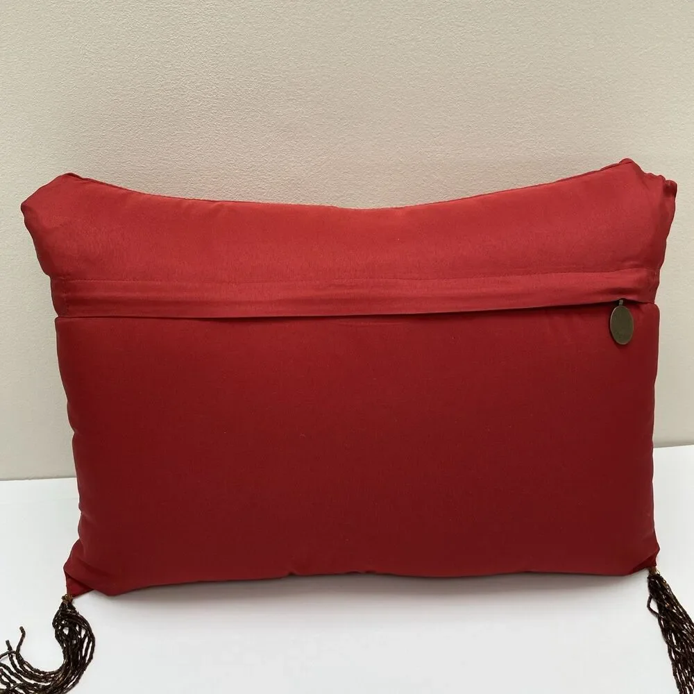 Pier 1 Boho Pillow Red Satin Ribbon Appliqué Floral Embroidered Beaded tassels
